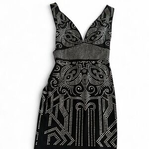 AKIRA Black Rhinestone Bodycon Mini Dress XS Deep V Buckle Back